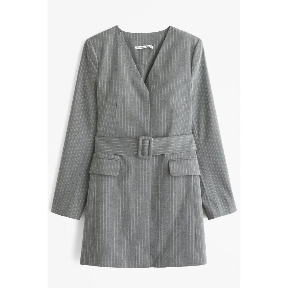 Abercrombie & Fitch Grey Pinstripe Belted Blazer Dress V-Neck Mini Neutral M